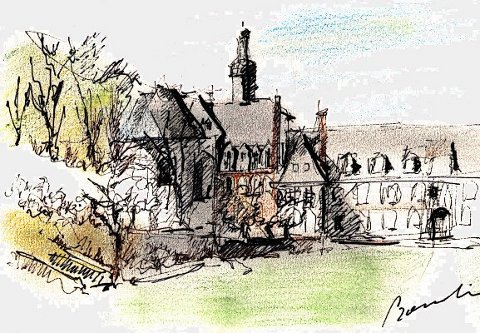 jardins de l'abbaye de Valloire, Somme,technique mixte sur papier, de Bosselin peintre verrier à Fécamp, Normandie, pays de caux, côte d' Albatre
