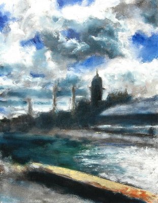 le Havre,phare du quai du Bresil, huile sur toile  de Bosselin peintre verrier à Fécamp, Normandie, pays de caux, côte d' Albatre
