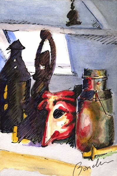 masque vénitien,lanterne normande,pot de lait et statue africaine dans l' atelier, technique mixte de Bosselin peintre verrier normand et fécampois, Normandie, pays de caux, côte d' Albatre