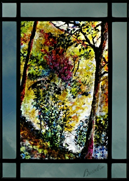 parc des Buttes Chaumont à Paris, vitrail (stained glass) de Bosselin peintre verrier, atelier à Fécamp, Normandie, pays de caux, côte d' Albatre