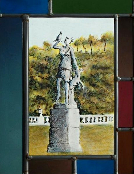 jardins du Luxembourg à Paris,statue de Diane chasseresse, vitrail (stained glass) de Bosselin peintre verrier, atelier à Fécamp, Normandie, pays de caux, côte d' Albatre
