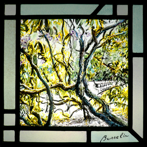 jardins du chateau de Daubeuf sur le plateau cauchois, vitrail (stained glass) de Bosselin peintre verrier à Fécamp, Normandie, pays de caux, côte d' Albatre