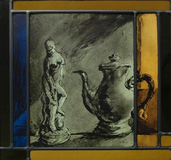baigneuse d' Allegrain et cafetiere, vitrail (stained glass) de Bosselin peintre verrier à Fécamp, Normandie, pays de caux, côte d' Albatre